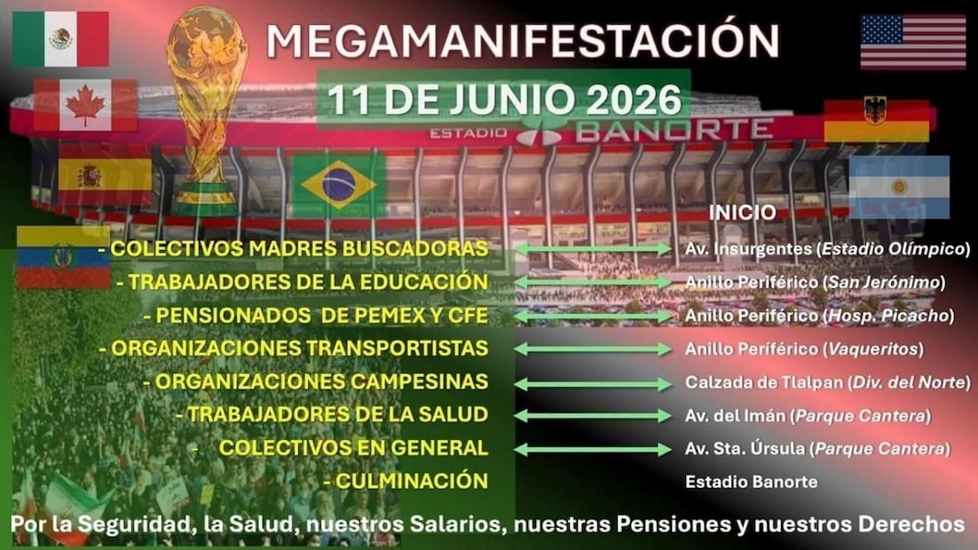 Distintos colectivos convocan megamarcha para la inauguración del Mundial 2026 en la CDMX. Foto: Especial