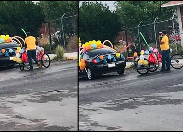 Abuelito adorna triciclo con globos para celebrar graduación de su nieta en Saltillo
