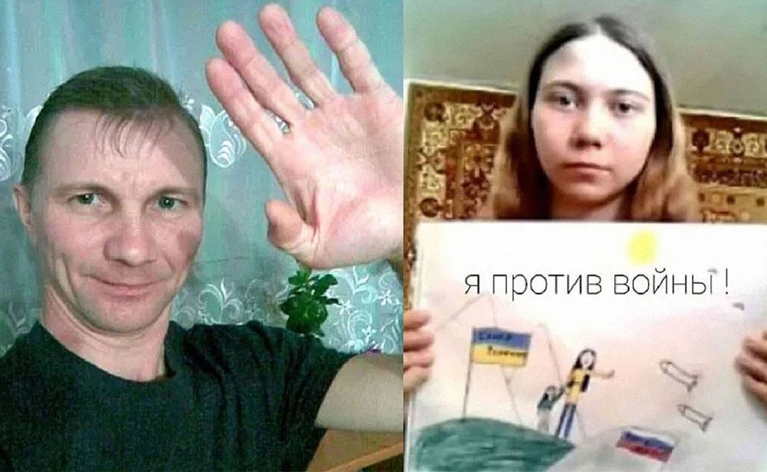 Alexei Moskaliov y su hija Maria Moskaliova. Él está en paradero desconocido, tras ser condenado a prisión por un dibujo de la niña contra la guerra. Foto: Especial