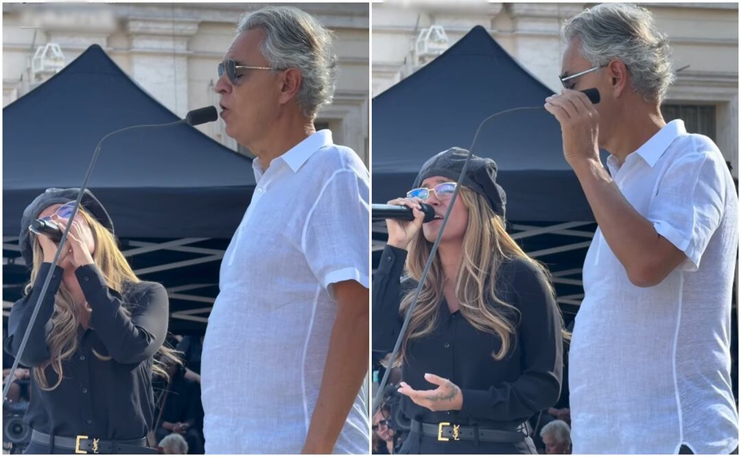 Karol G y Andrea Bocelli en pleano ensayo en el Vaticano.