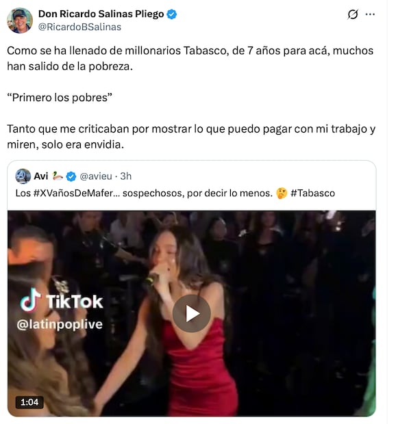 Ricardo Salinas Pliego reacciona a la lujosa fiesta de XV años de Mafer. Foto: Captura de pantalla