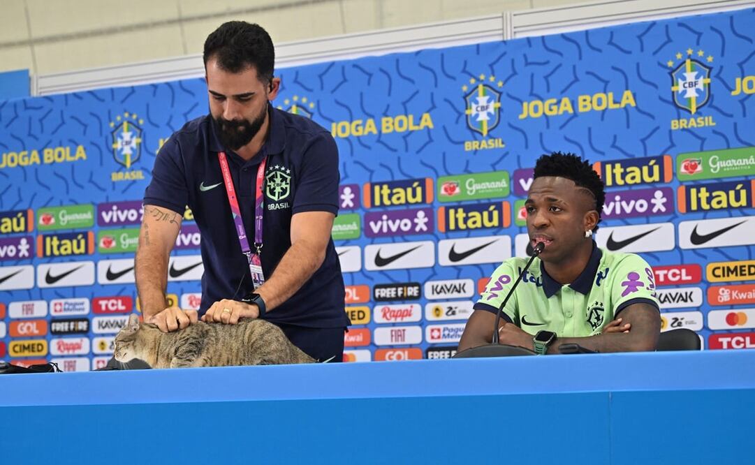 El jefe de prensa de Brasil tomando al gato, mientras Vinicius Jr responde a una pregunta - FOTO: AFP