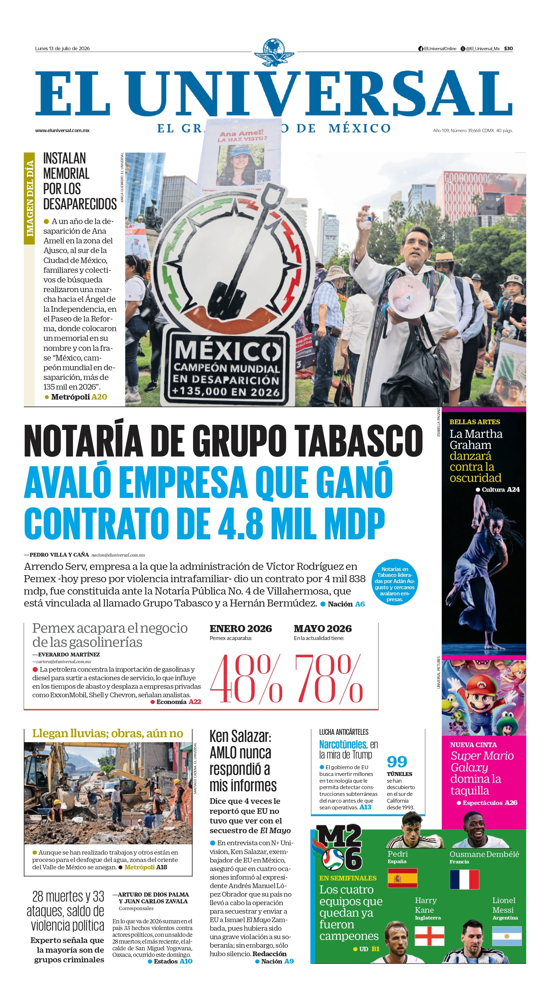 Portada impresa del 13 de julio de 2026