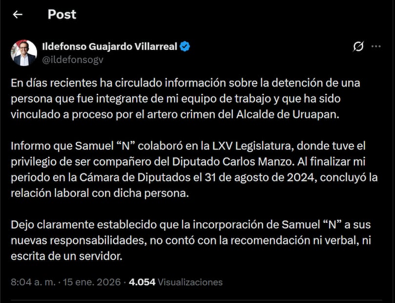 Publicación en X de Idelfonso Guajardo donde se deslinda de cualquier vínculo con Samuel García Rivero, implicado en el asesinato de Carlos Manzo. Foto: captura de pantalla