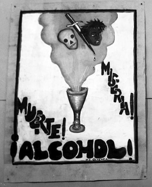 Cartel de campaña antialcoholismo en los años 30. El Departamento de Salubridad se inspiró en folletos y volantes que Estados Unidos aplicó para su estado seco. Foto: Mediateca INAH