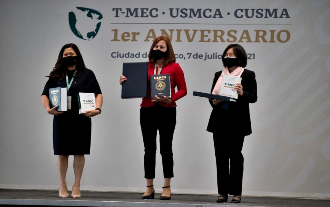 La representante comercial de Estados Unidos, Katherine Tai, se reunió los secretarios de Agricultura y Desarrollo Rural, Víctor Villalobos, y de Economía, Tatiana Clouthier. Foto: Germán Espinosa