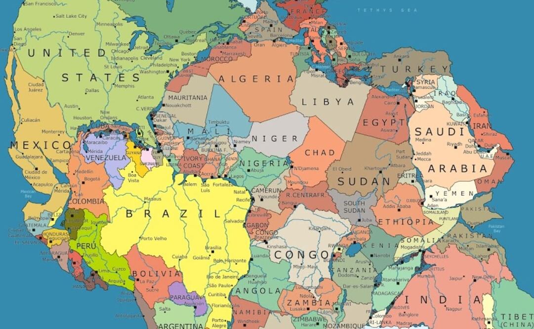 Así se verían los países, según la división política actual, si Pangea aún existiera. Foto: Captura