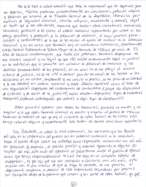 Octava carta del vicealmirante Farías Laguna a la presidenta Claudia Sheinbaum. Foto: especial