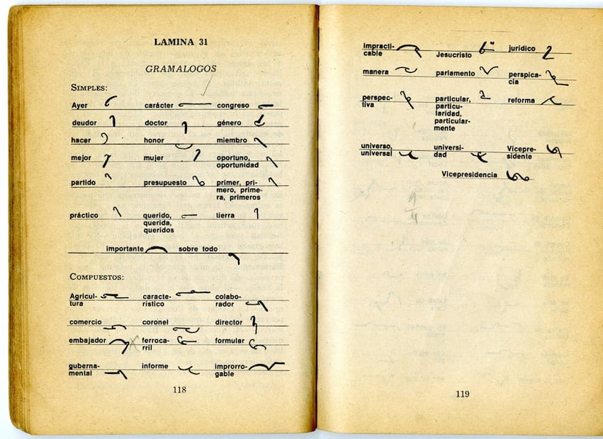 En las escuelas técinas una de las materias que debían tomar los alumnos era taquigrafía, en la imagen se puede observar una lámina que ilustra una de las lecciones que se tomaban para aprender el sistema taquigráfico de Pitman. Foto: Captura del libro "Manual teórico práctico de fonografía o taquigrafía moderna"/ Especial.