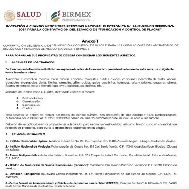Licitación de Birmex para fumigar sus instalaciones. Foto: EL UNIVERSAL