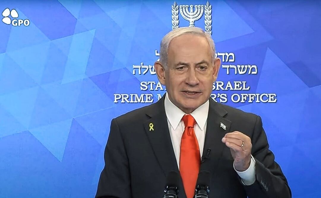 Captura de video de la señal Government Press Office (GPO), de la comparecencia del primer ministro israelí, Benjamín Netanyahu, en la que afirmó este sábado que su Gobierno está a punto de "conseguir un gran logro" y confió en que en los próximos días se pueda anunciar la liberación de todos los rehenes en manos de Hamás. Foto: EFE