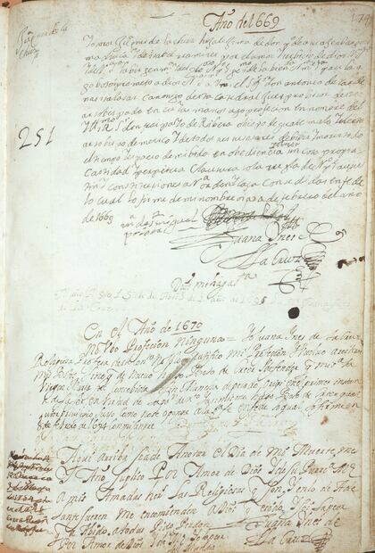 Ficha de Sor Juana Inés de la Cruz en el Libro de profesiones y elecciones de prioras y vicarias del convento de San Gerónimo, 1586–1713. Foto: Benso Latin American Collection