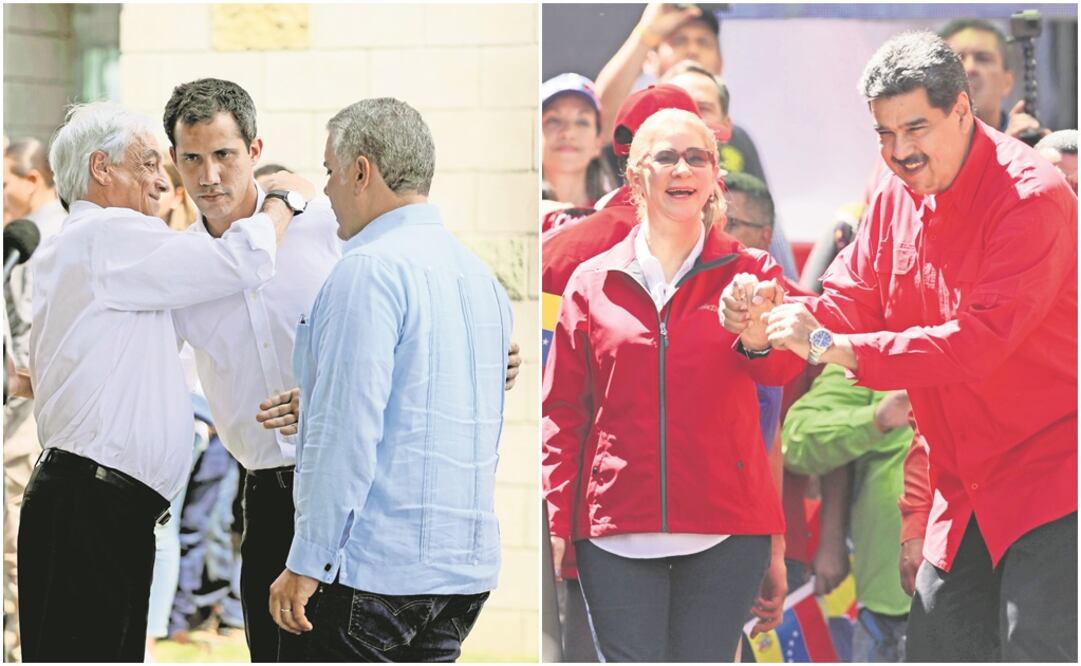 El mandatario chileno Sebastián Piñera abraza al opositor venezolano Juan Guaidó, en Cúcuta, Colombia; en la segunda foto, Nicolás Maduro, en Caracas. Foto: BORIS VERGARA. AP