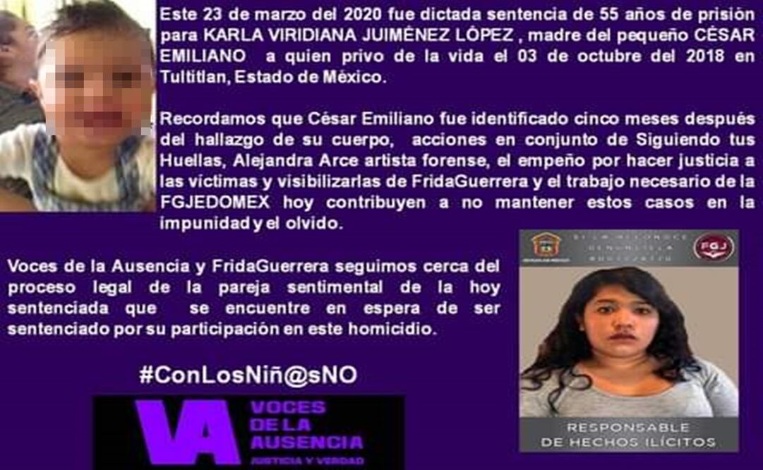 Karla Viridiana Jiménez López, fue condenada a 55 años de prisión, “luego de que en  octubre del año 2018 ocasionó la muerte de su hijo de un año y un mes de edad, en el municipio de Tultitlán”. Foto: Especial 