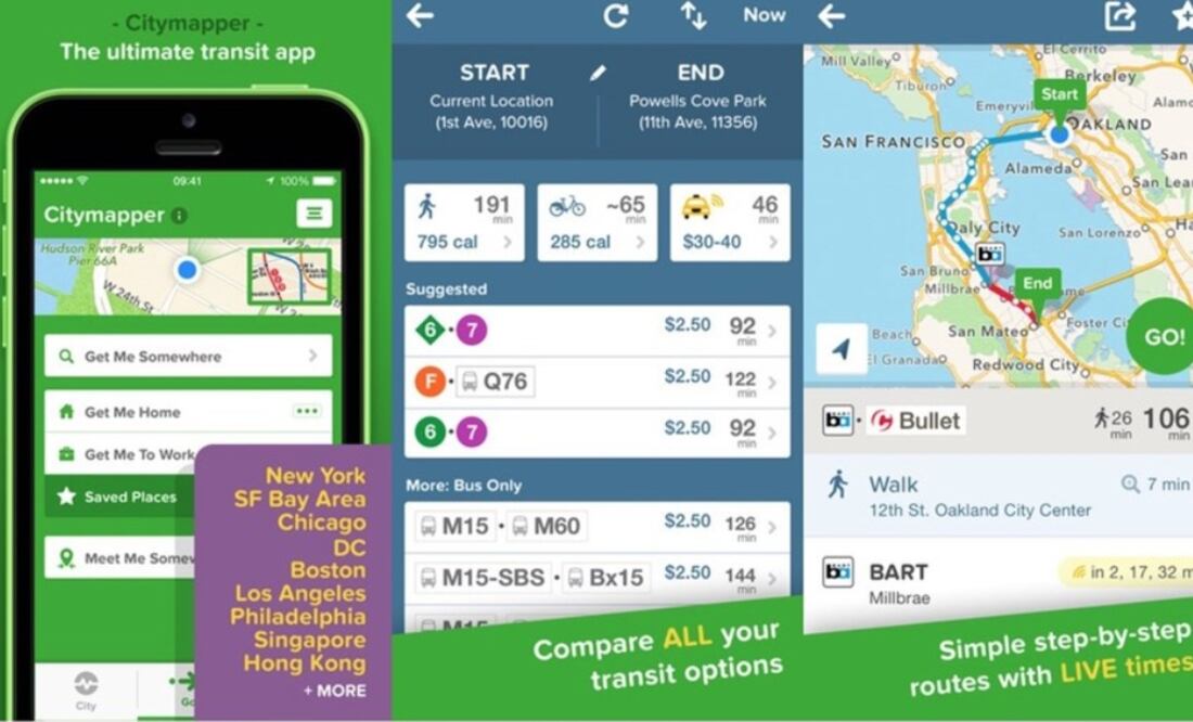 Citymapper es una app aplicación de transporte público que integra datos para todos los tipos de transporte urbano, desde caminar y andar en bici hasta conducir, con énfasis en el transporte público