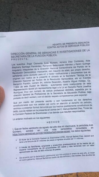 PRD presenta denuncia ante la SFP contra Bartlett por declaración patrimonial