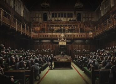 Subastarán obra de Banksy de parlamento dirigido por chimpancés