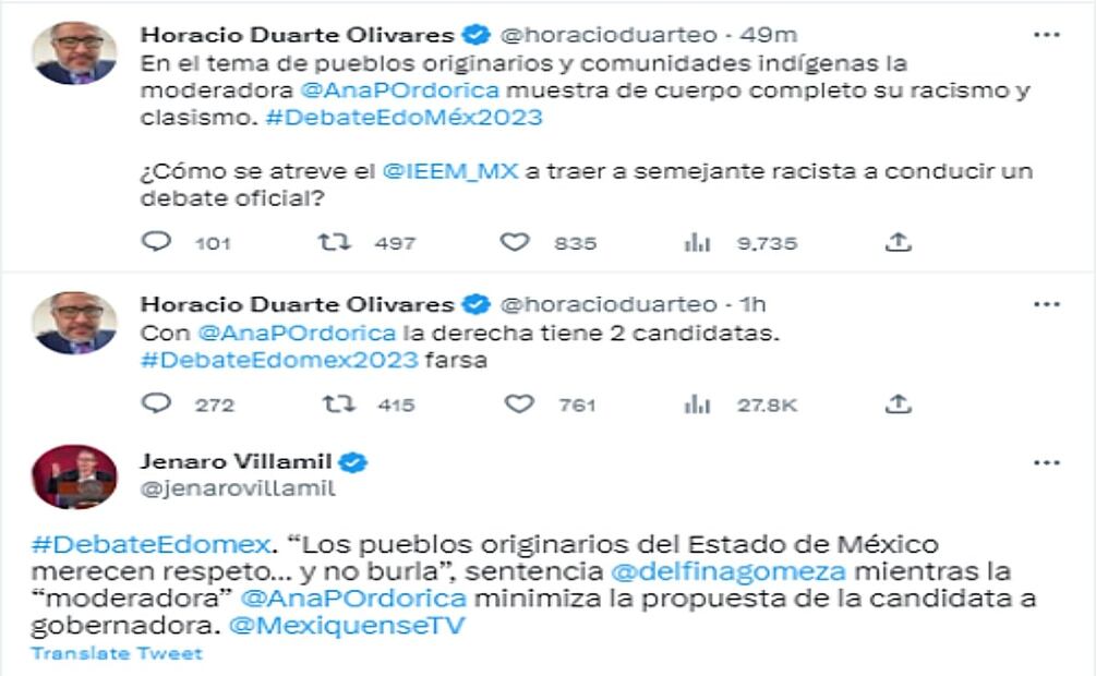 Tuits sobre el primer debate por la gubernatura del Estado de México 2023. Foto: Especial/Recopilación EL UNIVERSAL