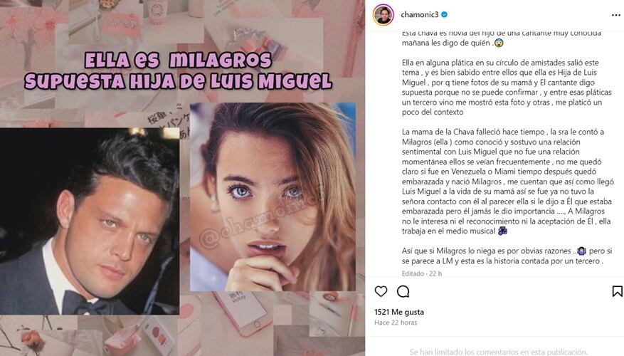 Esta fue la publicación que desató las especulaciones sobre una hija no reconocida de Luis Miguel. Foto: Instagram.
