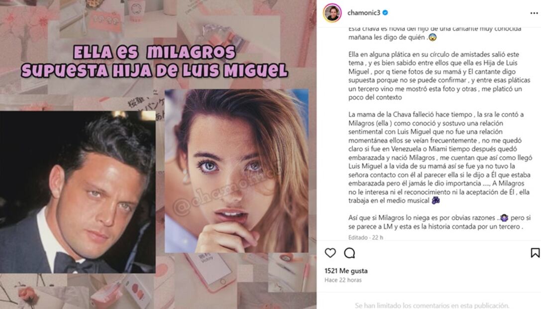 Esta fue la publicación que desató las especulaciones sobre una hija no reconocida de Luis Miguel. Foto: Instagram.
