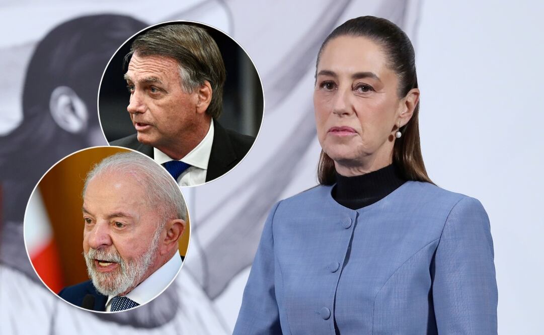 Claudia Sheinbaum, presidenta de México, Jair Bolsonaro, expresidente de Brasil y Luiz Inacio Lula da Silva, presidente de Brasil. Foto: EFE y AFP