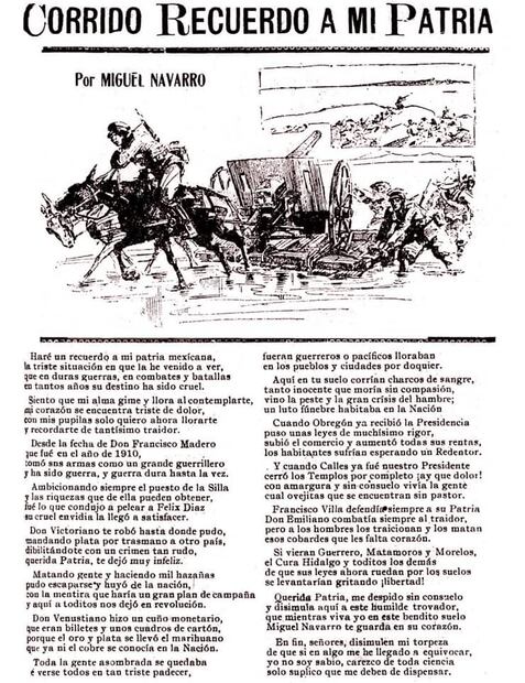 “Corrido Recuerdo a Mi Patria” de Miguel Navarro e impreso por Eduardo Guerrero, siendo un resumen de la Revolución Mexicana. Foto: Corridos Históricos/ESPECIAL.