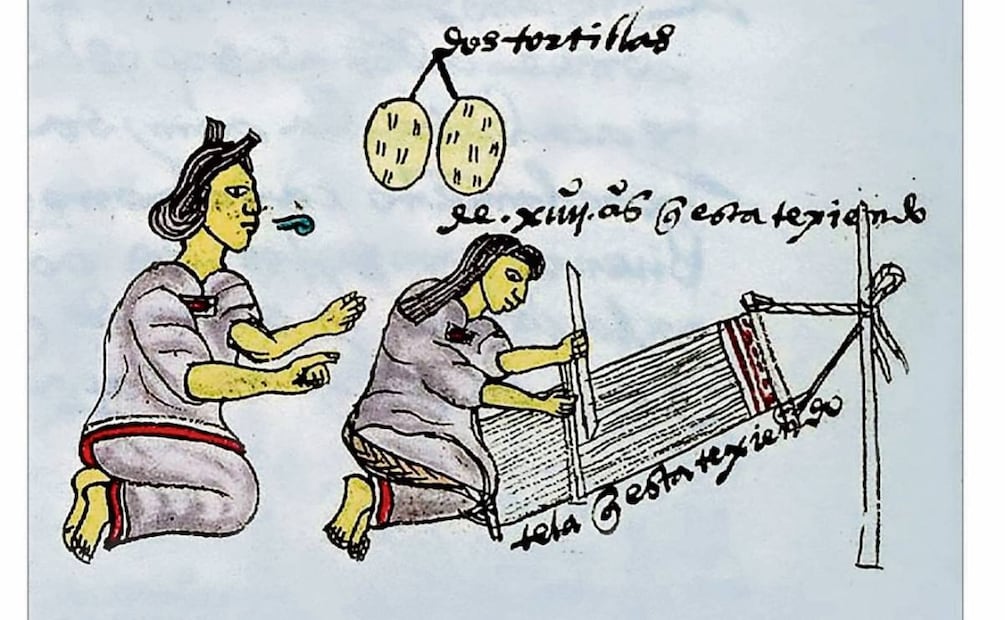 Imagen del Códice Mendoza en la que se observa a una madre mexica enseñando a su hija a tejer. Imágenes tomadas del libro “La Historia de las Mujeres en México. Panorámicas, abordajes y aproximaciones”