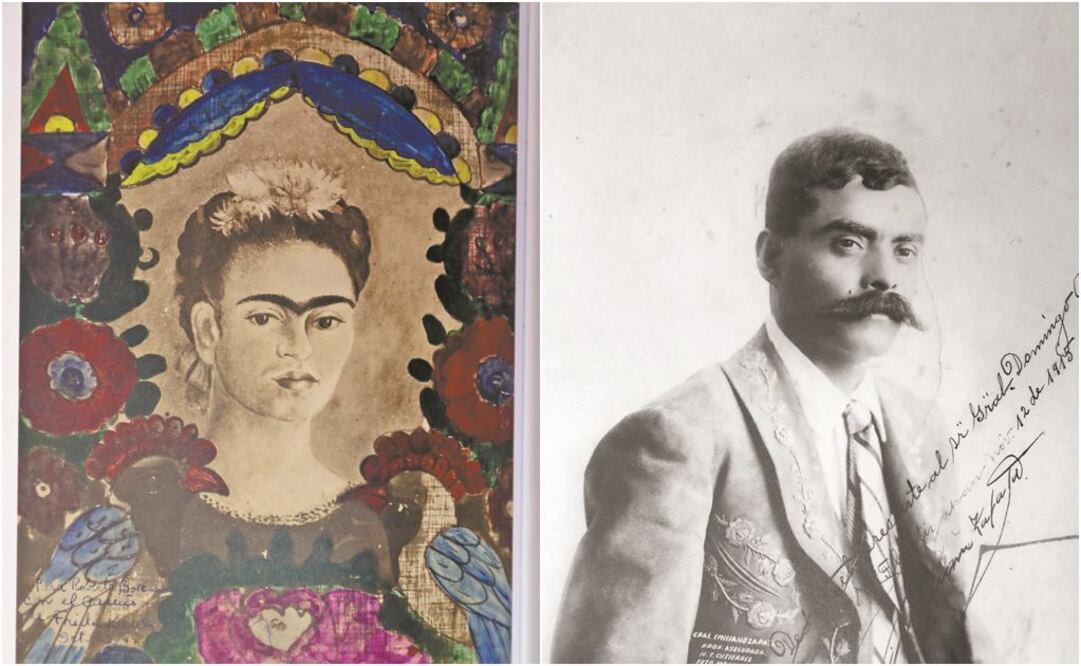 Dos fotografías, una dedicada por Zapata, y una de la pintura El cuadro, de Frida Kahlo, pintada y coloreada por ella, son parte de la gran colección. IMÁGENES TOMADAS DEL LIBRO LA MAGIA DEL MANUSCRITO, EDITADO POR TASCHEN