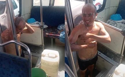 ¡A puros jicarazos! Captan a chofer bañándose dentro de su micro en Naucalpan