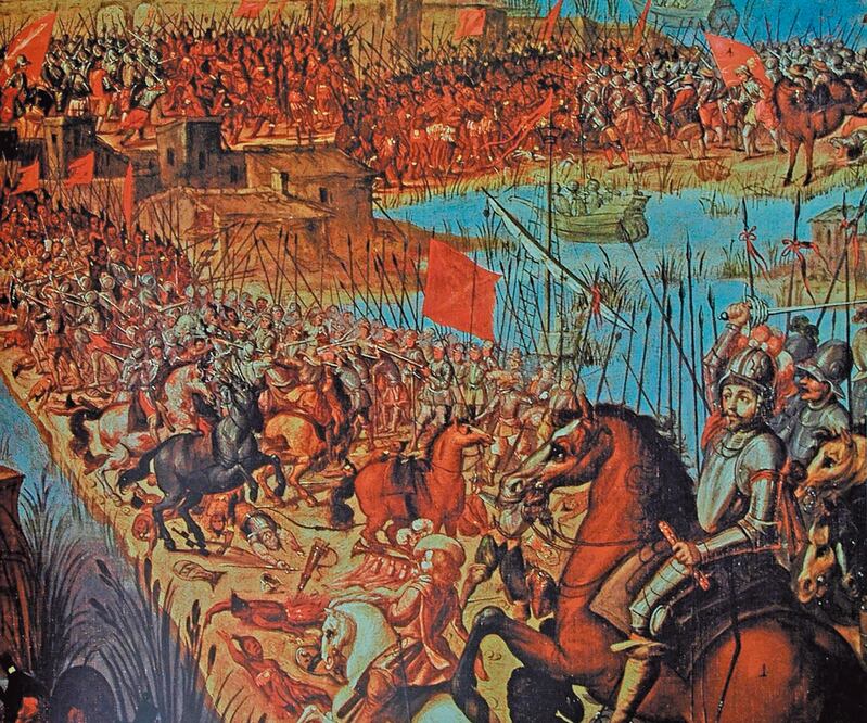 El 13 de agosto de 2021 se conmemoran los 500 años de la toma de México-Tenochtitlan. En la imagen: La conquista de Tenochtitlan, óleo sobre tela, siglo XVII. Foto: CORTESÍA INAH