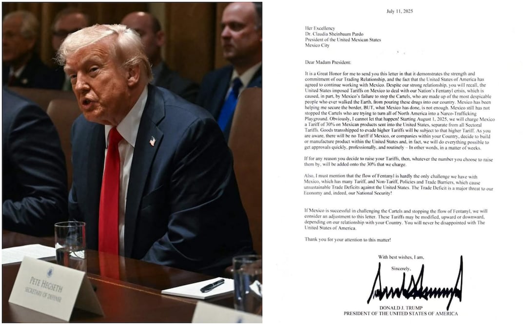 El Presidente de Estados Unidos, Donald Trump, envió una carta a la Presidenta de México, Claudia Sheinbaum, con el fin de anunciar un arancel del 30% a productos mexicanos. Foto: Facebook @DonaldTrump y especial