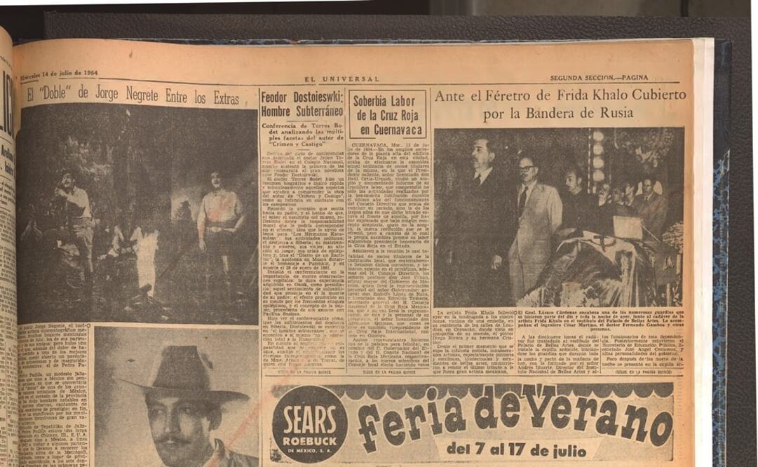 Nota sobre la muerte de Frida Khalo publicada el 13 de julio de 1954 en El Universal; se menciona que el féretro de la pintora fue cubierto con la bandera de Rusia, cuando en realidad se trataba de la bandera comunista. Foto: Archivo: El Universal
