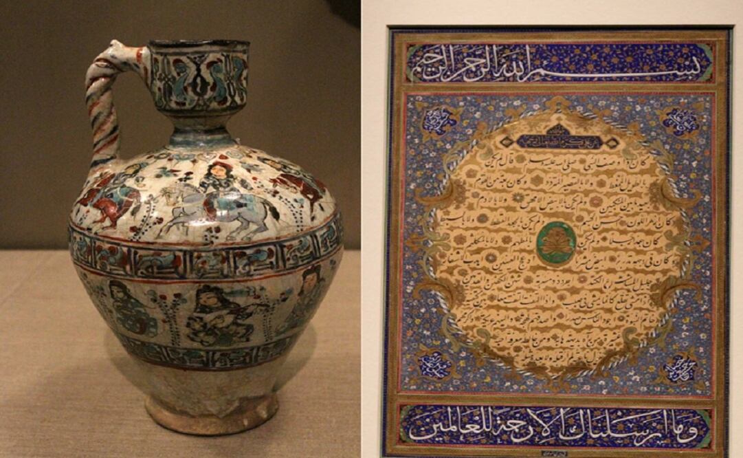 The ewer on the left is from Iran from late 12th century or beginning of the 13th century while the calligraphy on the right describes prophet Muhammad. Photo: Giselle Rodríguez