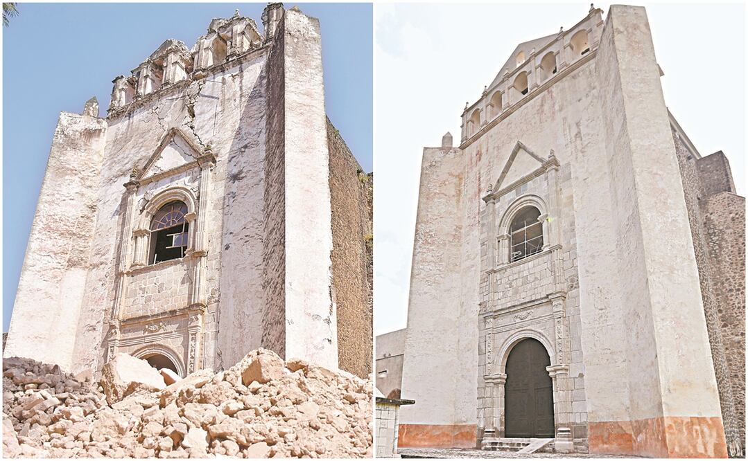 A la izquierda, fotografía luego del sismo de hace tres años; a la derecha, imagen actual del sitio, en la que se observa la reparación de los daños en las paredes y la parte alta de la fachada del inmueble. Fotos: JUAN BOITES Y ARCHIVO EL UNIVERSAL