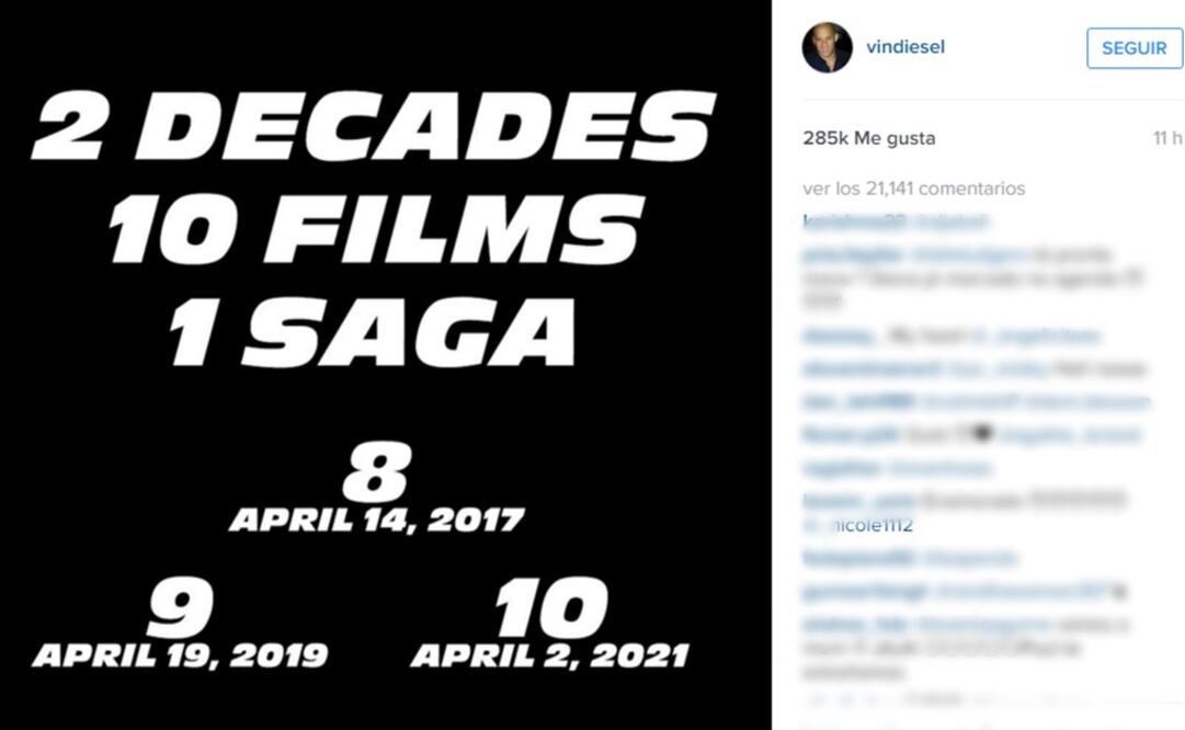 Foto: Tomada del Instagram de Vin Diesel