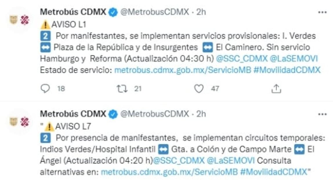 Líneas 1 y 7 del Metrobús operan parcialmente por bloqueo en Reforma e Insurgentes
