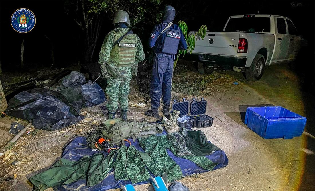 Encuentran y desmantelan campamento de presunto grupo delictivo. Foto: Tomada de la cuenta de X de @FGEGuerrero