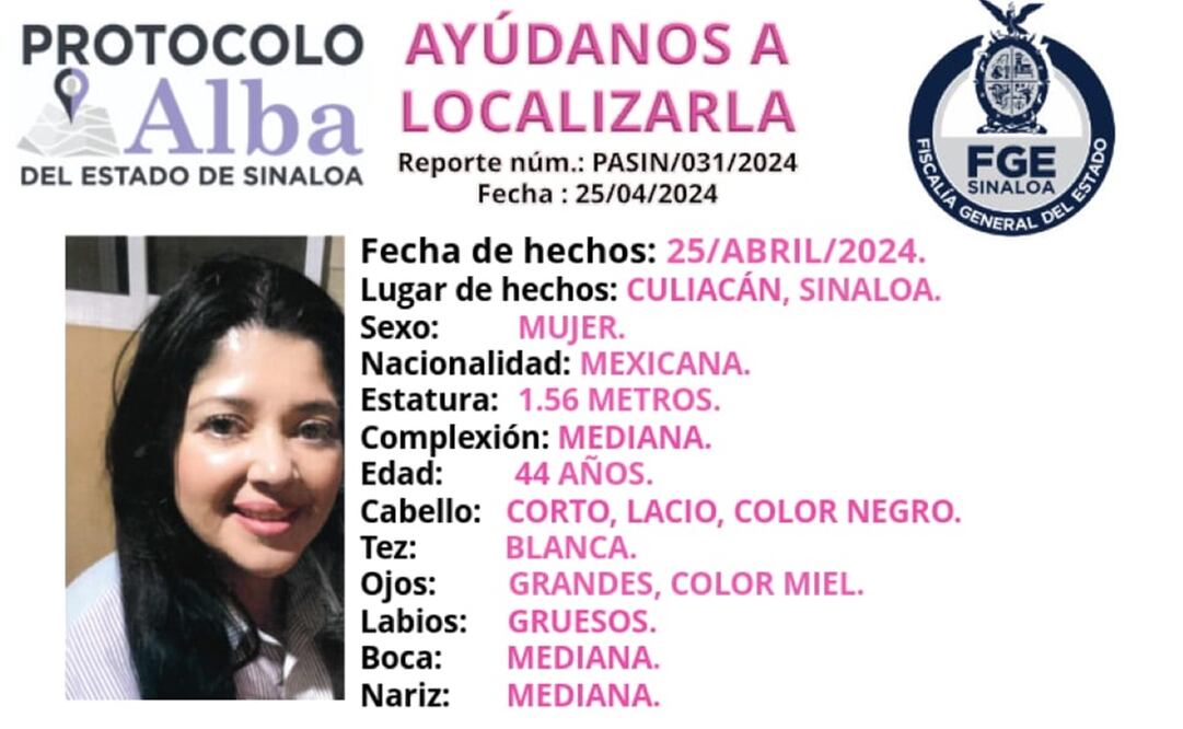 La Fiscalía General del Estado emitió una ficha de búsqueda de la señora, Guadalupe Aguilar de 44 años de edad. Foto: especial