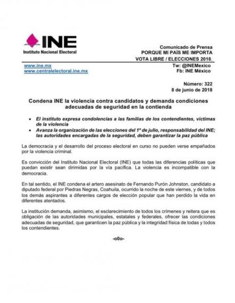 Condena INE asesinato de candidato a diputado federal del PRI en Coahuila