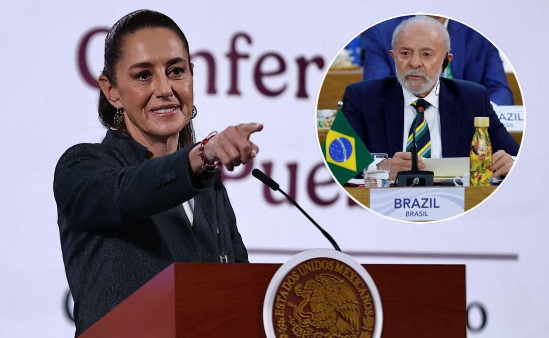 Claudia Sheinbaum, presidenta de México, en la mañanera del 3 de marzo del 2025. En el círculo, el presidente de Brasil, Luiz Inácio Lula da Silva. Fotos: Berenice Fregoso / EL UNIVERSAL y AFP.