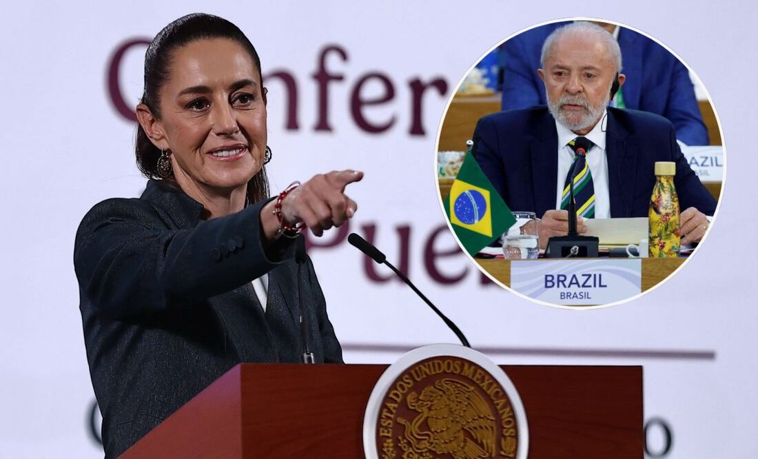 Claudia Sheinbaum, presidenta de México, en la mañanera del 3 de marzo del 2025. En el círculo, el presidente de Brasil, Luiz Inácio Lula da Silva. Fotos: Berenice Fregoso / EL UNIVERSAL y AFP.