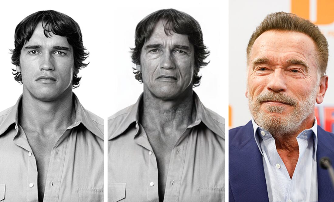 Arnold Schwarzenegger antes de usar la aplicación, después de usarla y como luce en la vida real actualmente. Foto: Getty Images