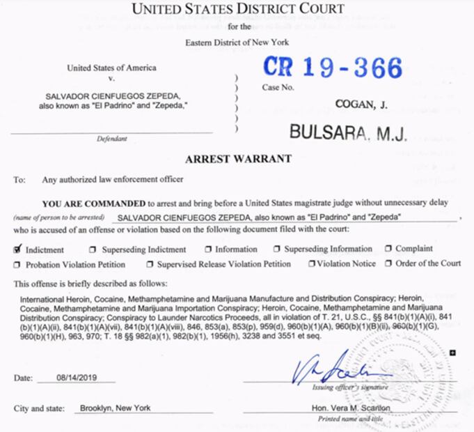 General Cienfuegos traficó heroína, cocaína, marihuana y metanfetaminas, acusa EU