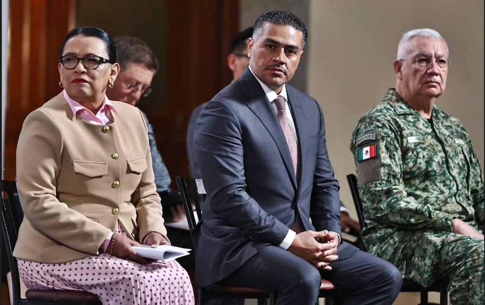 Omar García Harfuch, titular de la Secretaría de Seguridad y Protección Ciudadana (SSPC), durante la mañanera del 27 de agosto de 2025. Foto: Berenice Fregoso/EL UNIVERSAL