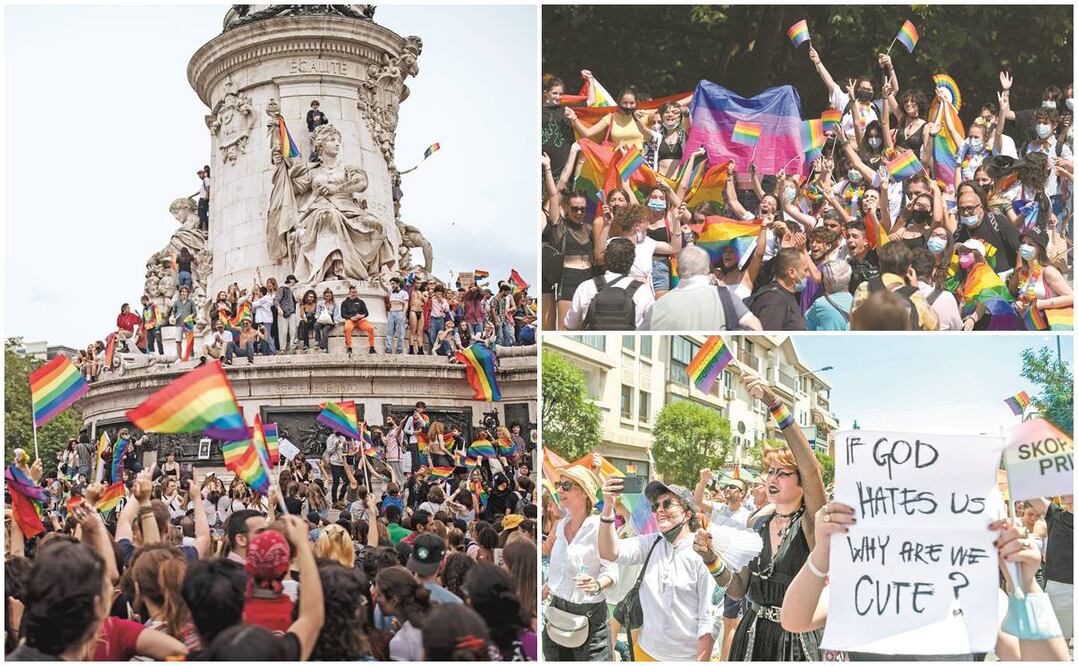 En la plaza de la República, en París; en Milán, Italia, en Skopje, Macedonia del Norte, y en otras ciudades, miles de personas participaron en las marchas del Orgullo. Fotos: Lewis Joly. AP/ Luca Bruno. AP/ Robert Atanasovski. AFP.