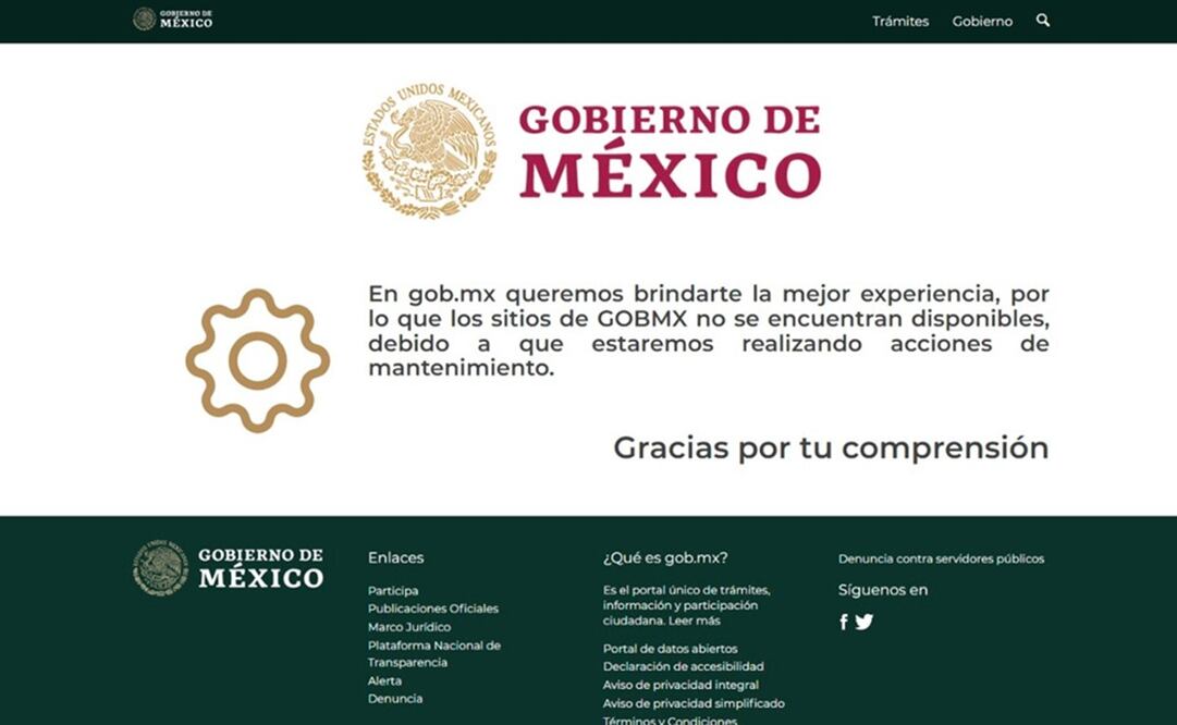 Páginas del gobierno se encuentran fuera de servicio por mantenimiento. Foto: Captura Página oficial gubernamental