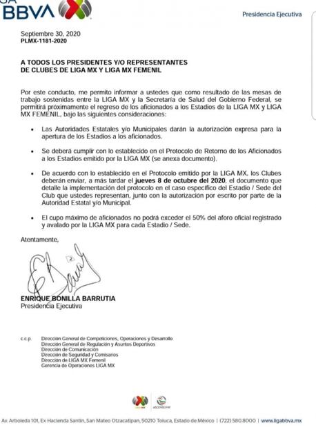 Afición volvería a los estadios de la Liga MX para la Jornada 15