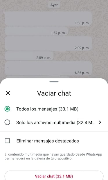 La función de vaciar chat libera espacio de tu dispositivo y solo se eliminan los mensajes para ti, no para la otra persona. Foto: captura de pantalla