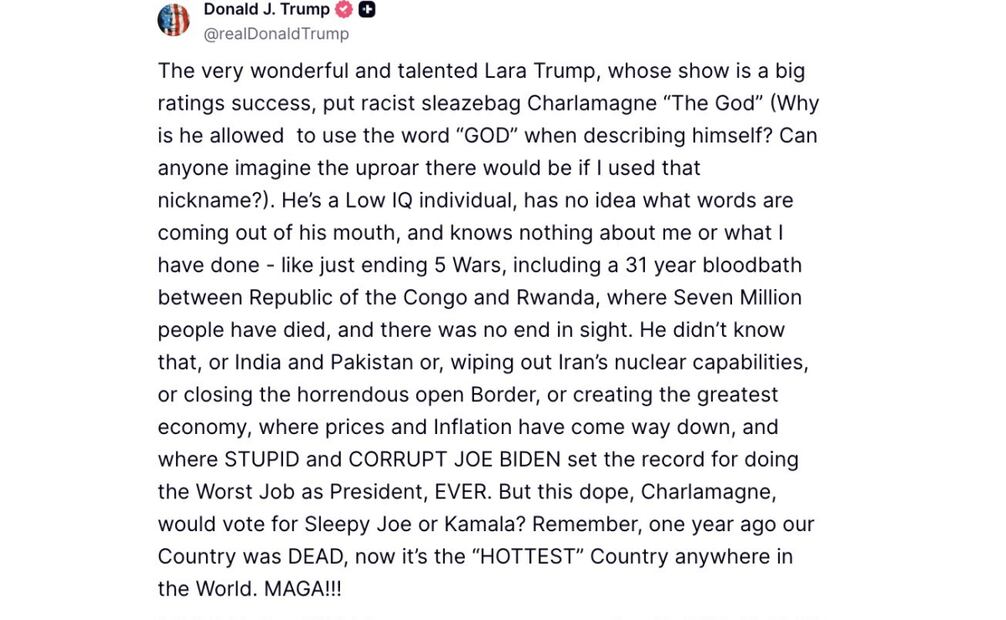 Trump arremete contra el conductor de radio Charlamagne Tha God por criticar su presidencia. (03/08/25) Foto: Captura