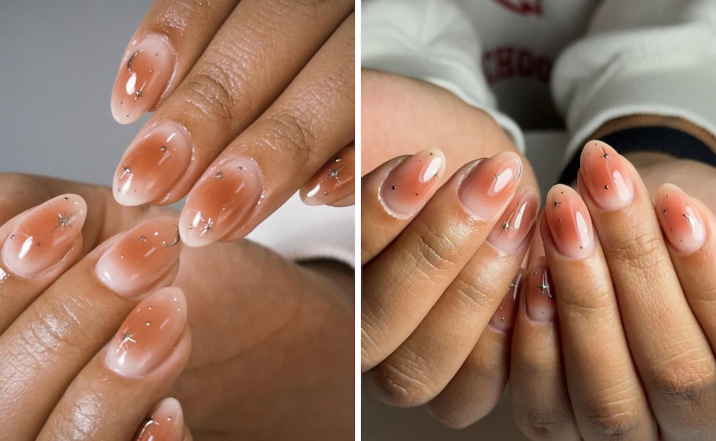 Uñas efecto aura en color nude con detalles. Foto: Instagram @medialunanailsec